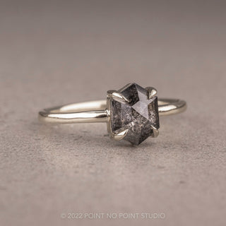 1.28 Carat Black Speckled Hexagon Diamond Engagement Ring, Jane Setting, 14K White Gold