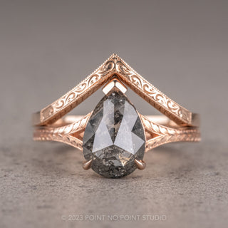 1.77 Carat Black Speckled Pear Diamond Engagement Ring, Split Shank Jane, 14K Rose Gold