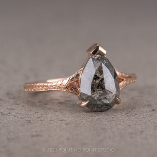 1.77 Carat Black Speckled Pear Diamond Engagement Ring, Split Shank Jane, 14K Rose Gold