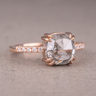 3.13 Carat Salt and Pepper Cushion Diamond Engagement Ring, Jules Setting, 14K Rose Gold