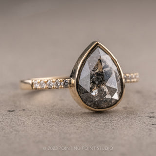 2 Carat Salt and Pepper Pear Diamond Engagement Ring, Bezel Jules Setting, 14K Yellow Gold