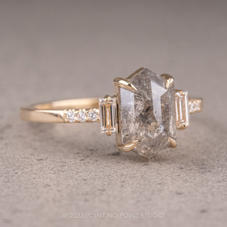 2.71 Carat Salt and Pepper Hexagon Diamond Engagement Ring, Eliza Setting, 14K Yellow Gold