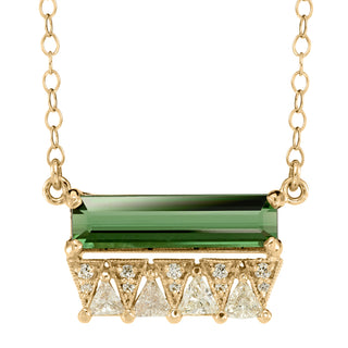 Green Tourmaline and Diamond necklace, recycled 14k yellow gold