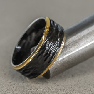 8mm Men's Black Titanium Ring with 18K Yellow Gold Plated Edges, Hammered Finish