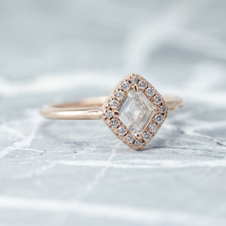 .57 Carat Clear Lozenge Diamond Engagement Ring, Halo Setting, 14K Rose Gold