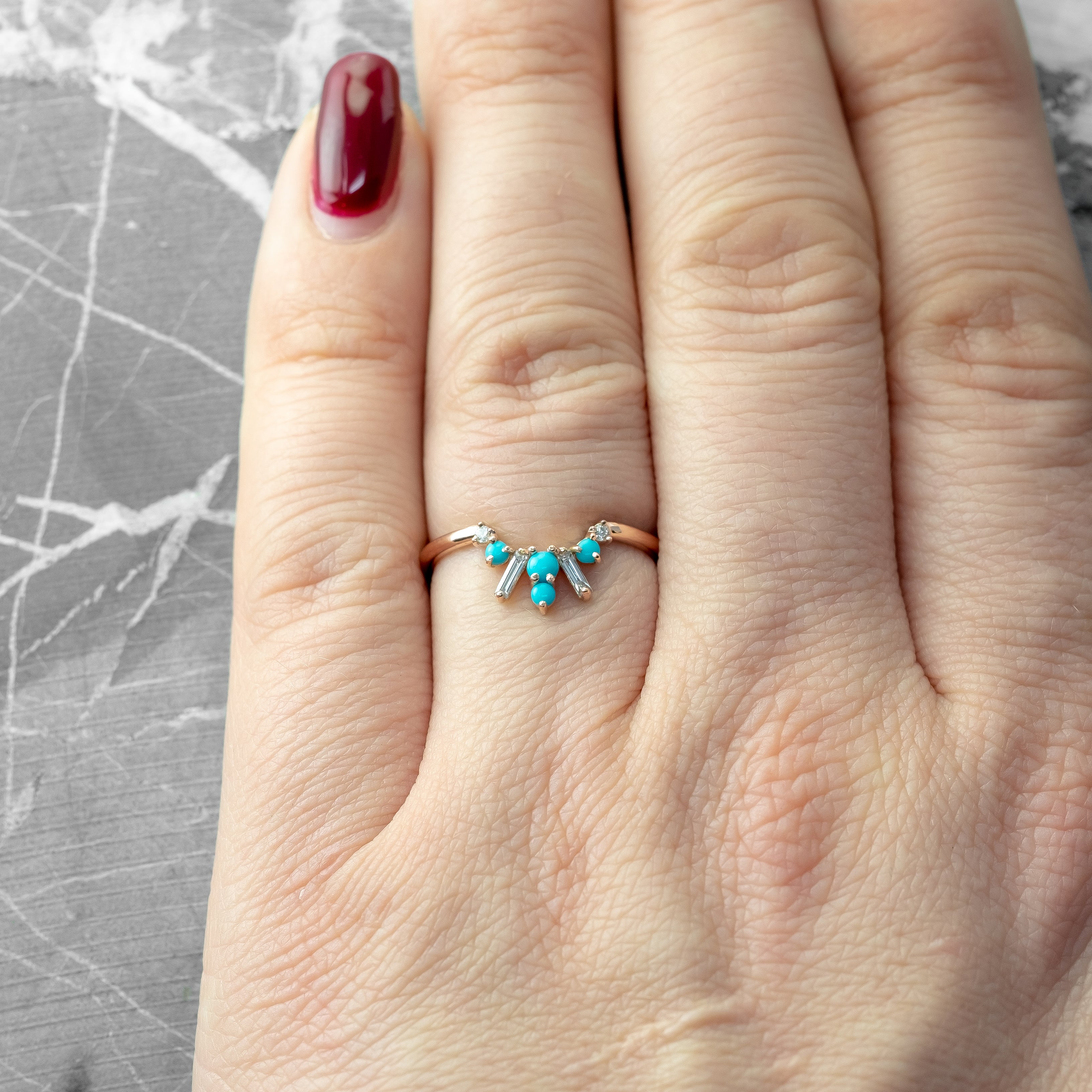 Turquoise and Diamond Basket Contour Band, Sedona Setting, 14k