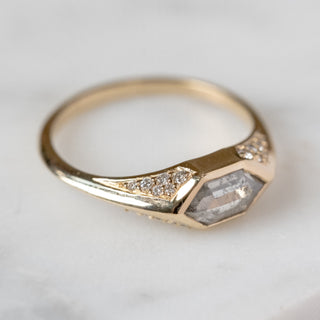 .83 Carat Salt and Pepper Hexagon Diamond Engagement Ring, Hazel Setting, 14K Yellow Gold