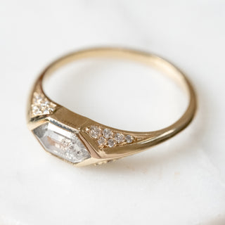 .83 Carat Salt and Pepper Hexagon Diamond Engagement Ring, Hazel Setting, 14K Yellow Gold