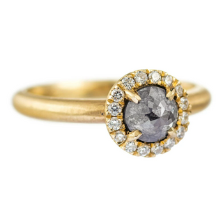 .87 Carat Salt and Pepper Round Diamond Engagement Ring, Halo Setting, 14k Yellow Gold
