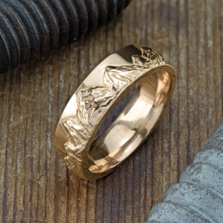 6mm Mountain Mens Wedding Ring, 14k Yellow Gold